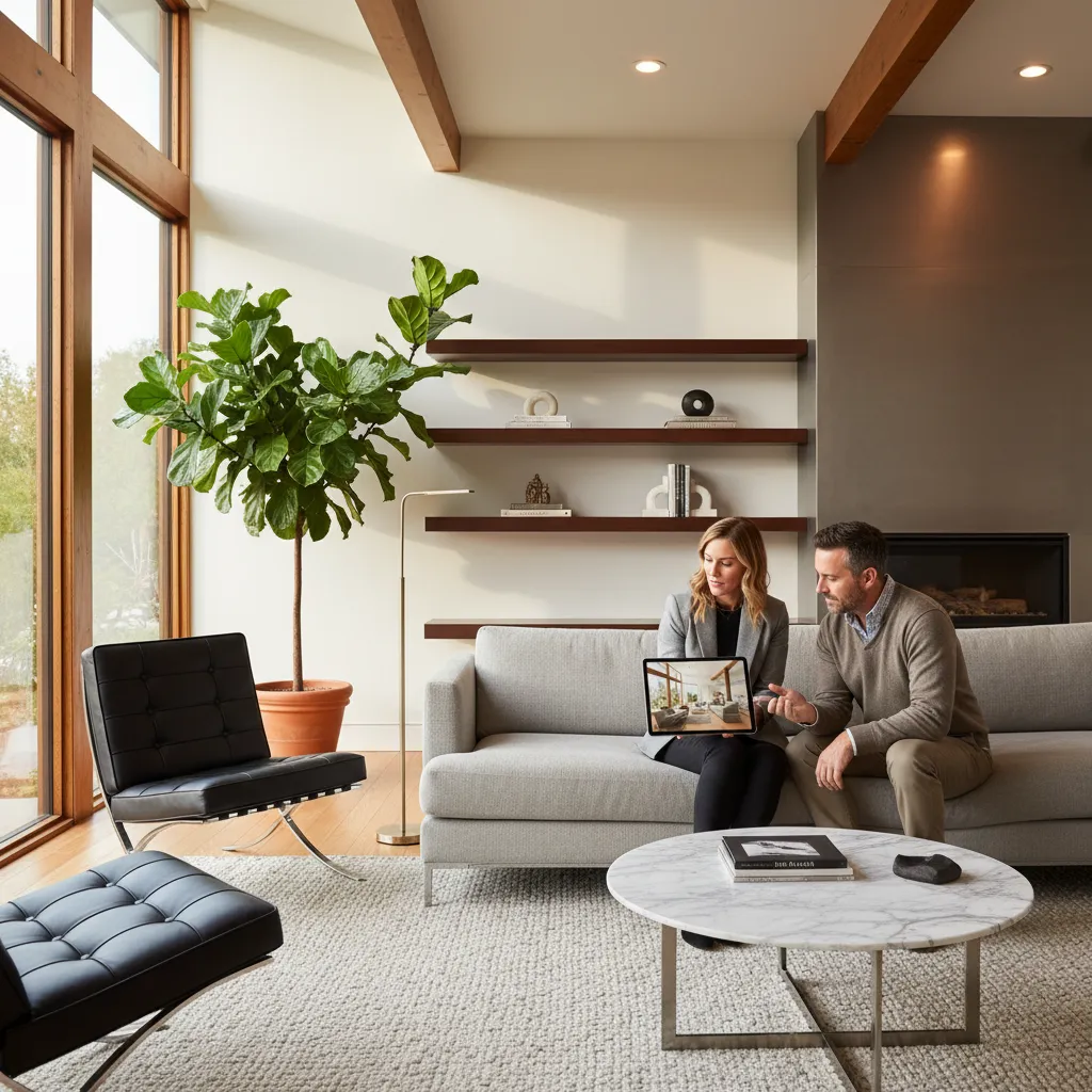 interior designer discussing living room layout with client using tablet