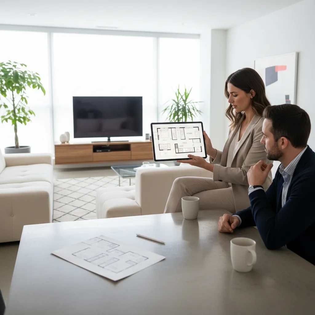 Interior designer presenting floor plan layout to client on tablet
