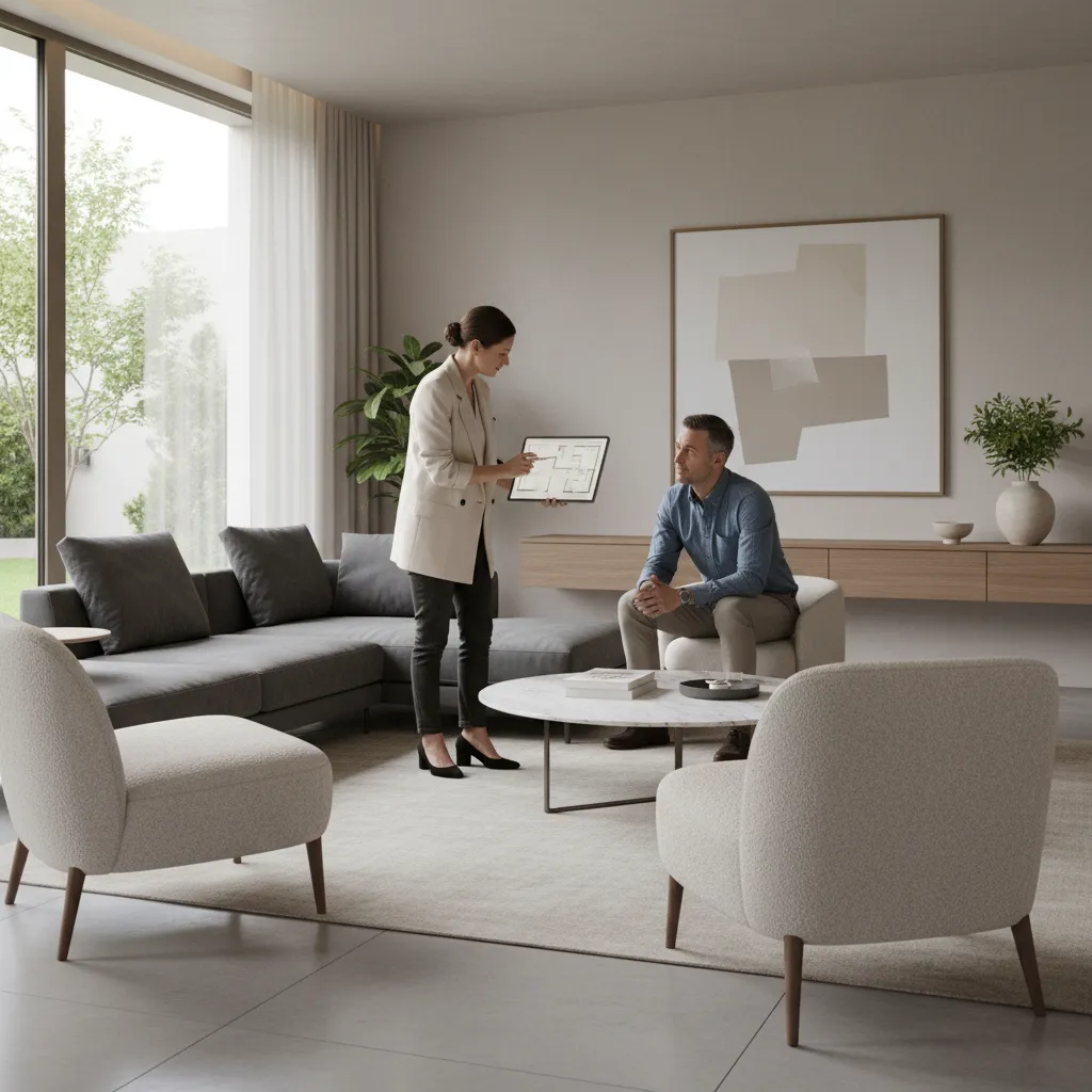 Interior designer discussing room layout with homeowner