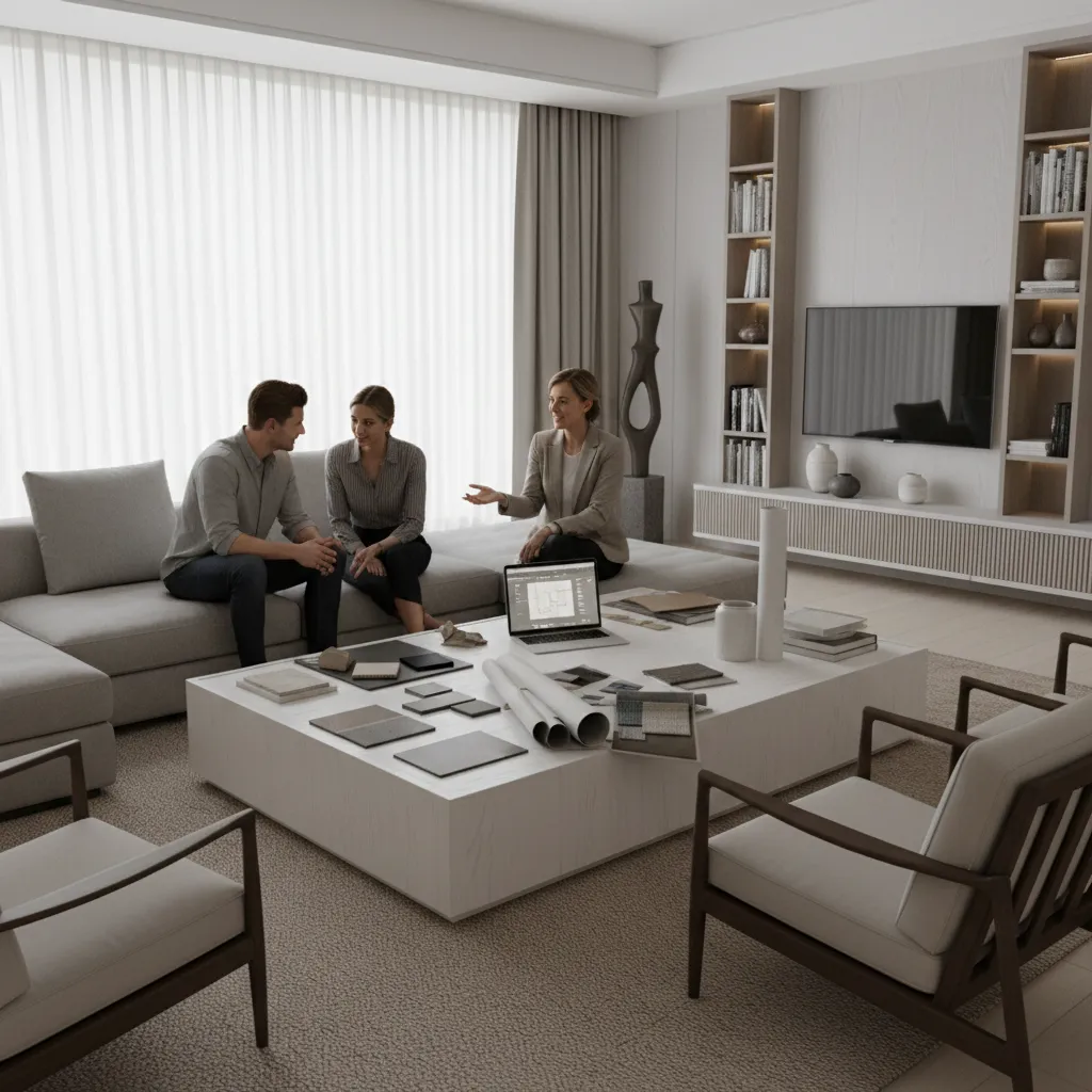 Interior designer discussing living room design ideas with clients at a table with samples