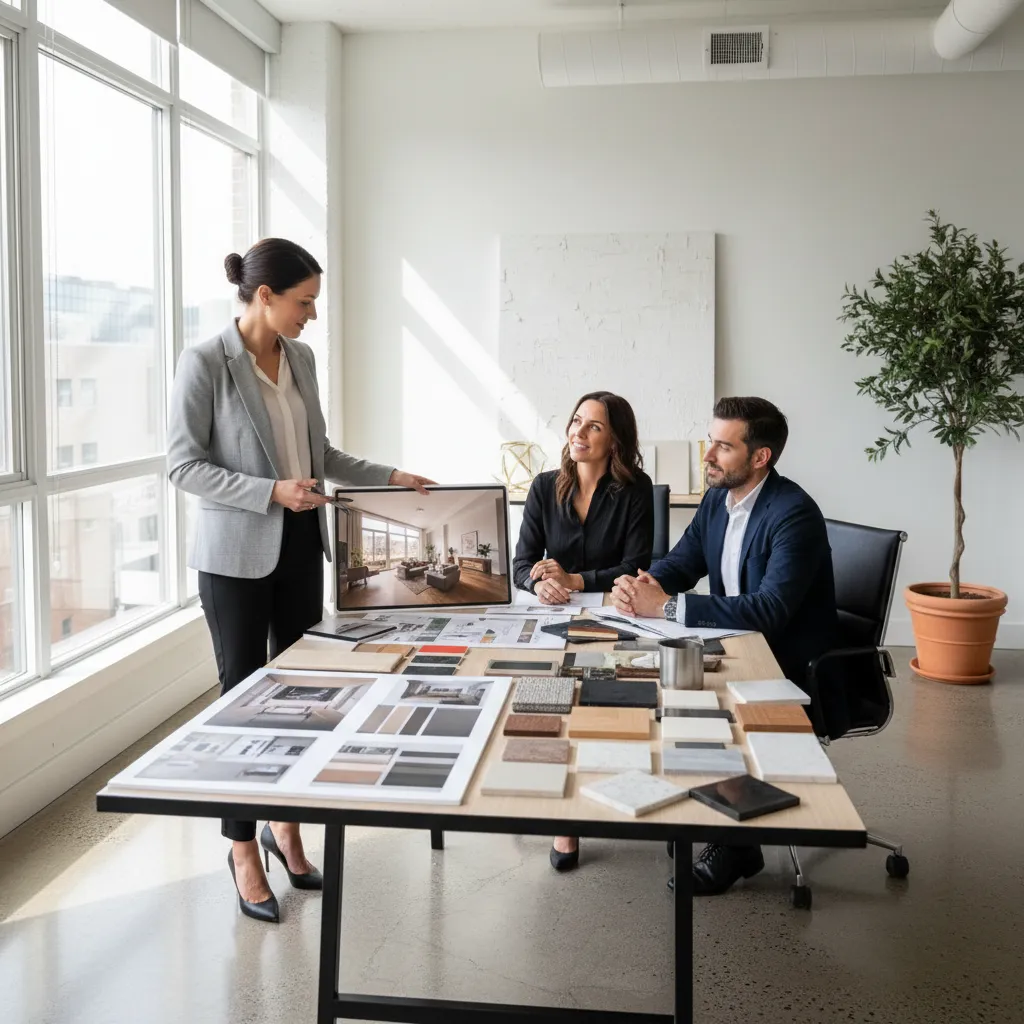 Diseñador mostrando propuestas de interiorismo a clientes en una mesa de trabajo