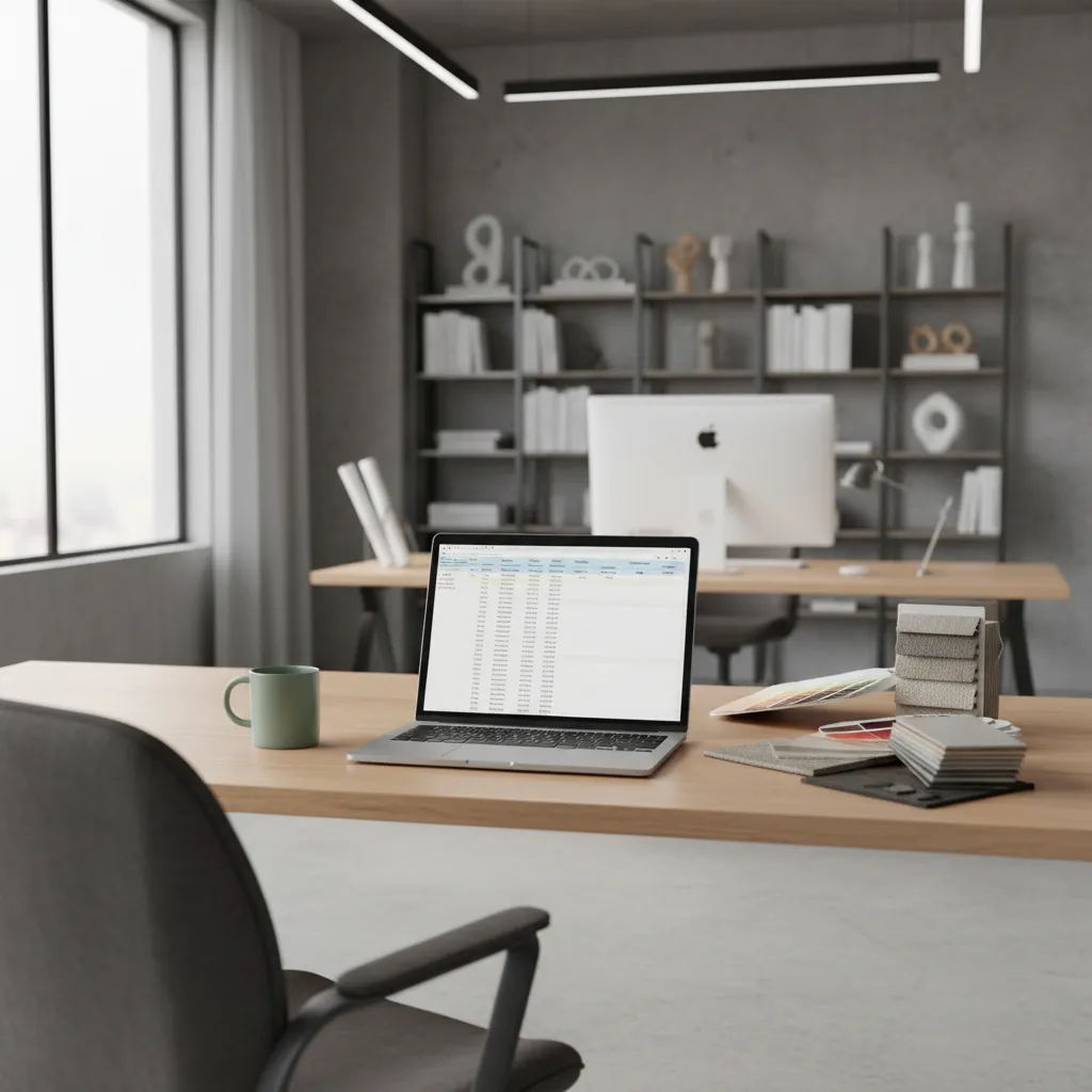 interior designer reviewing client database and notes for birthday outreach