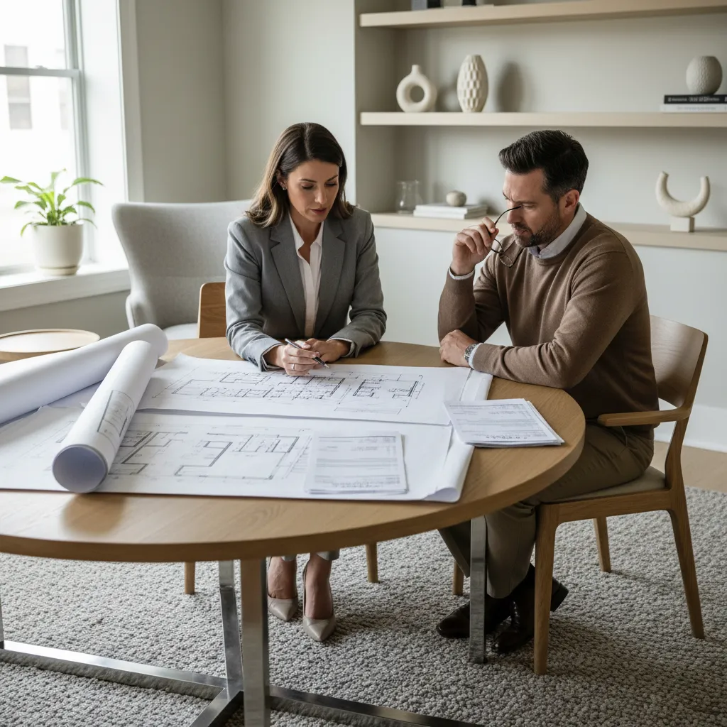 Designer and client reviewing design invoice and interior plans together