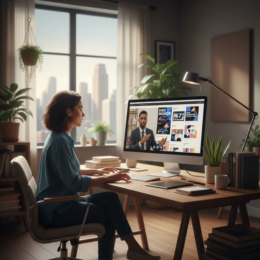 Diseñador gráfico en videollamada con cliente revisando un proyecto