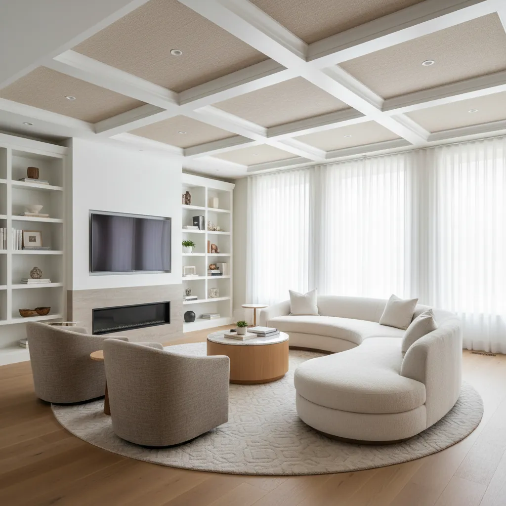 Modern living room with elegant painted coffered ceiling design