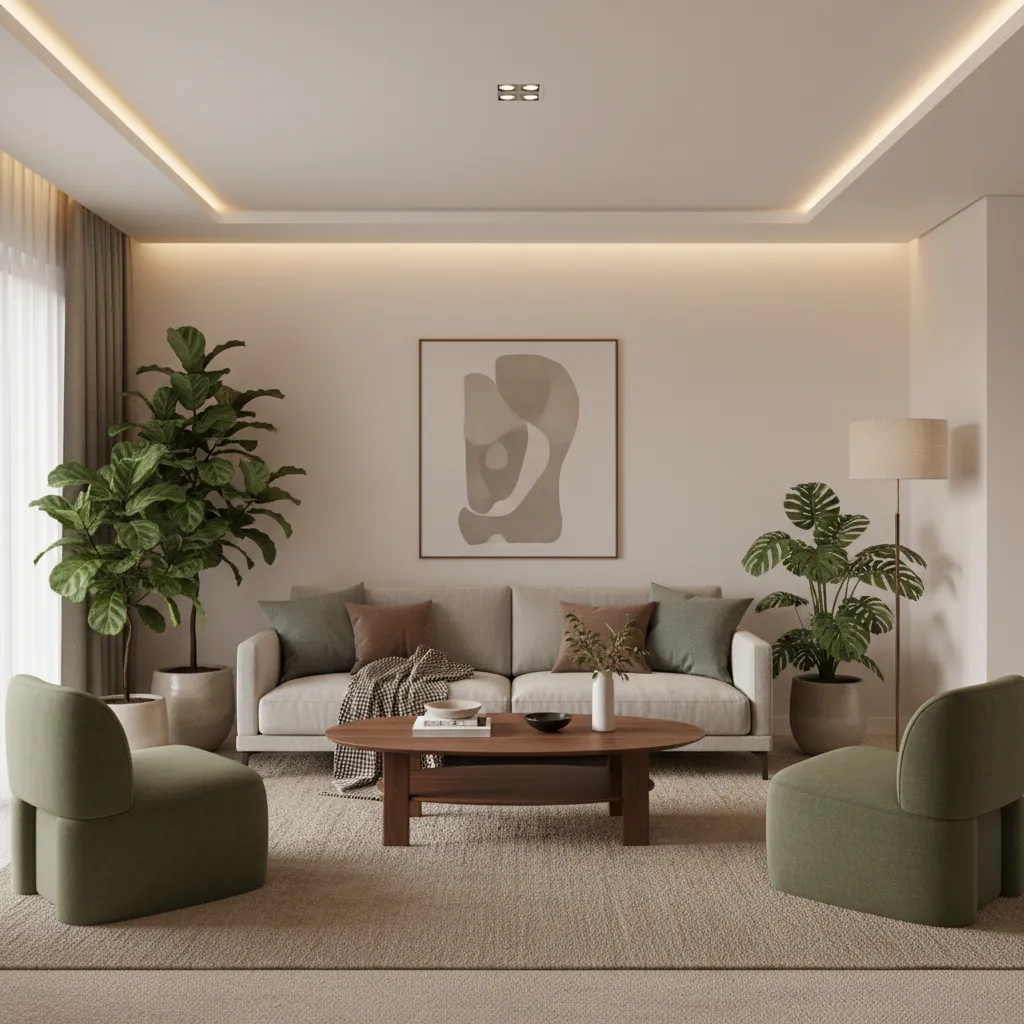 Stylish living room color palette featuring beige carpet olive chair and warm wood furniture