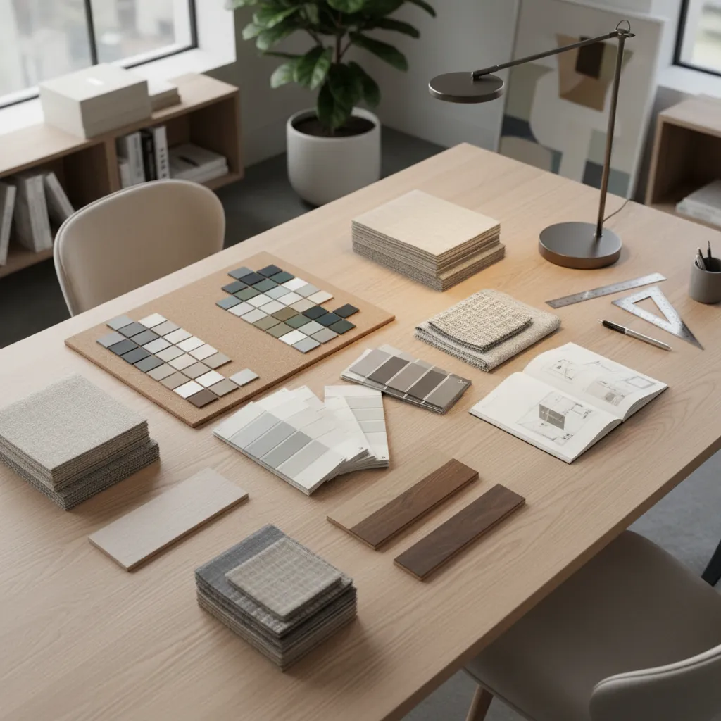 interior designer workspace with color palette samples materials and fabric swatches