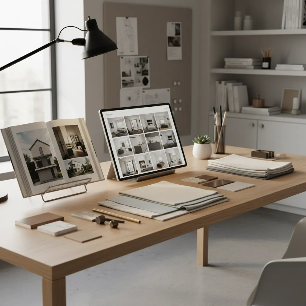 Interior designer comparing printed design book with tablet showing digital inspiration