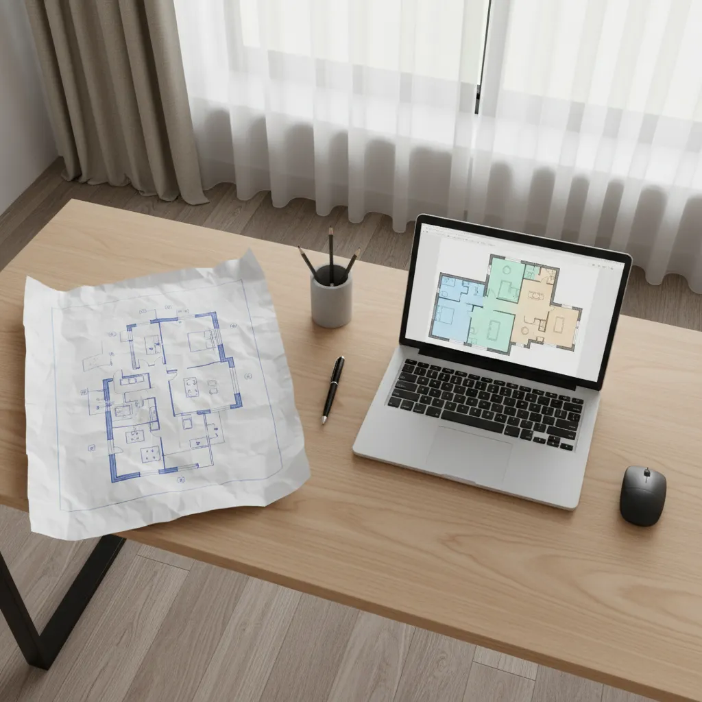 designer comparing hand sketch and digital electrical floor plan on desk