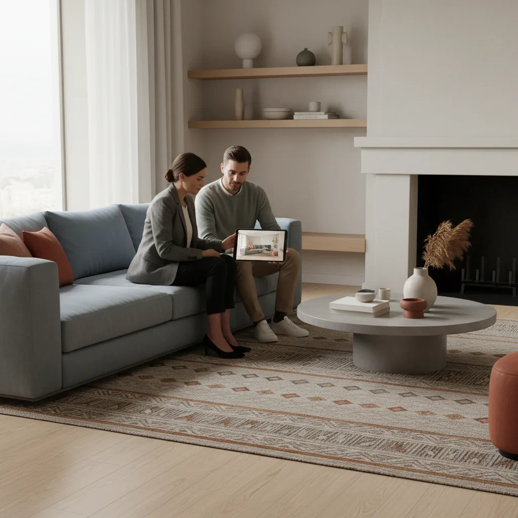 Interior designer discussing room ideas with a guest after a decorating party