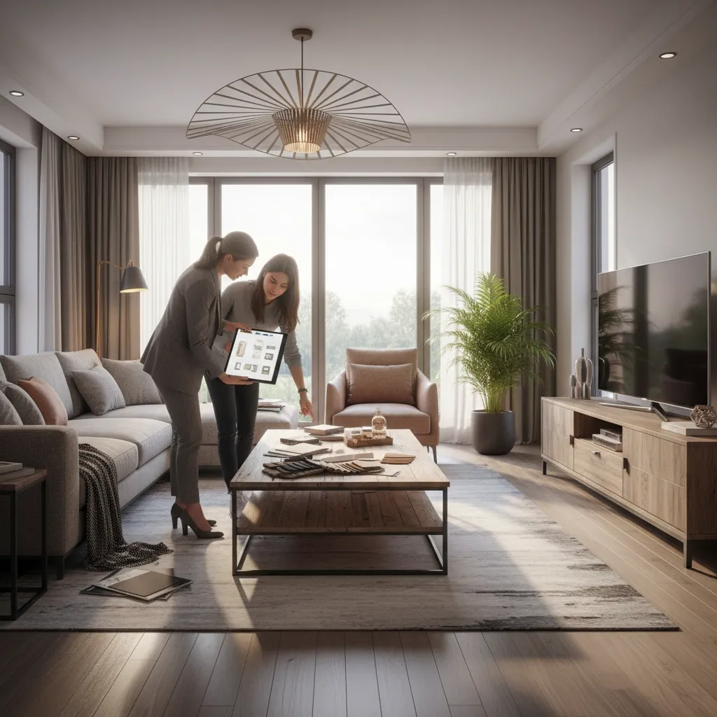 Decorador asesorando a clientes en una vivienda