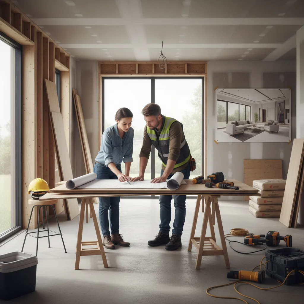 Interior designer and contractor discussing home renovation plans in modern house