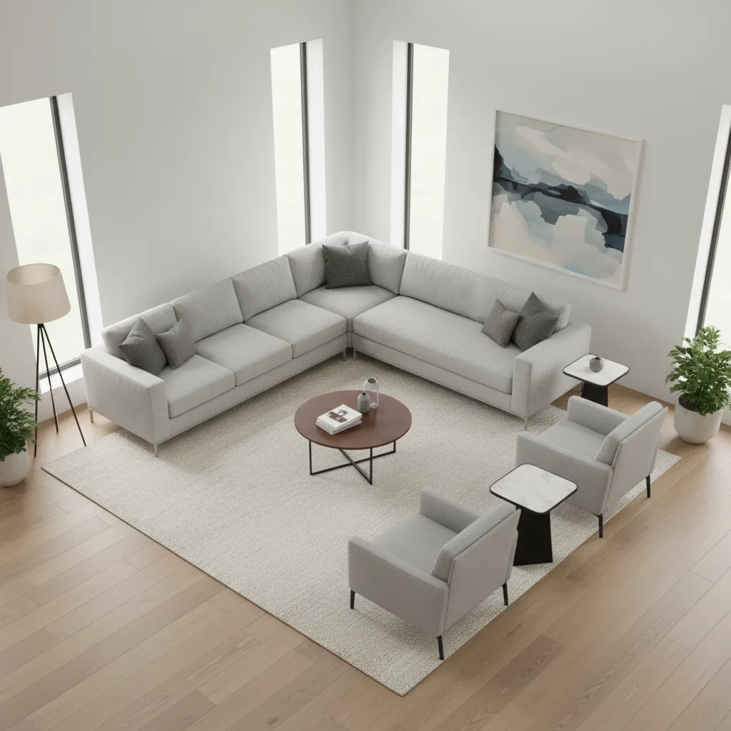 Living room layout showing corner seating arrangement with chairs and sofa forming conversation zone