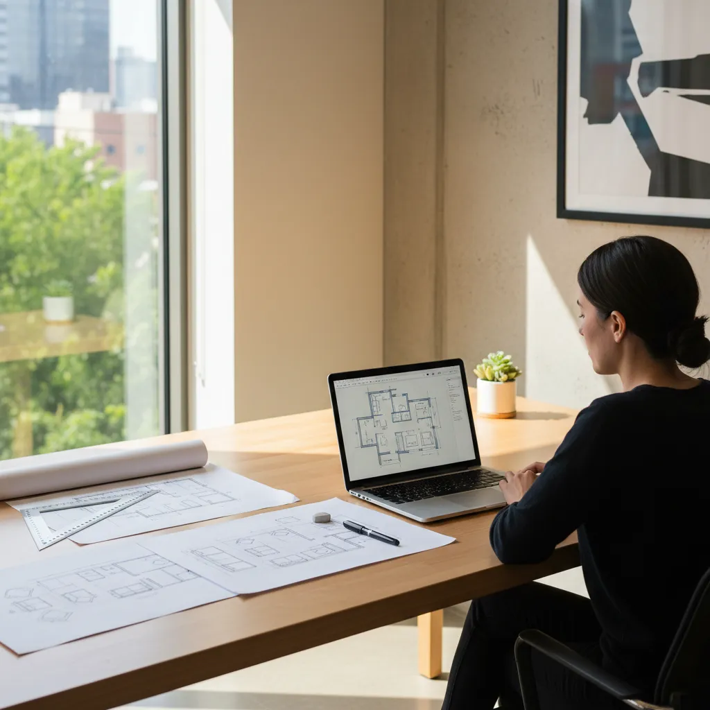 Interior designer sketching and reviewing a digital 2D floor plan layout
