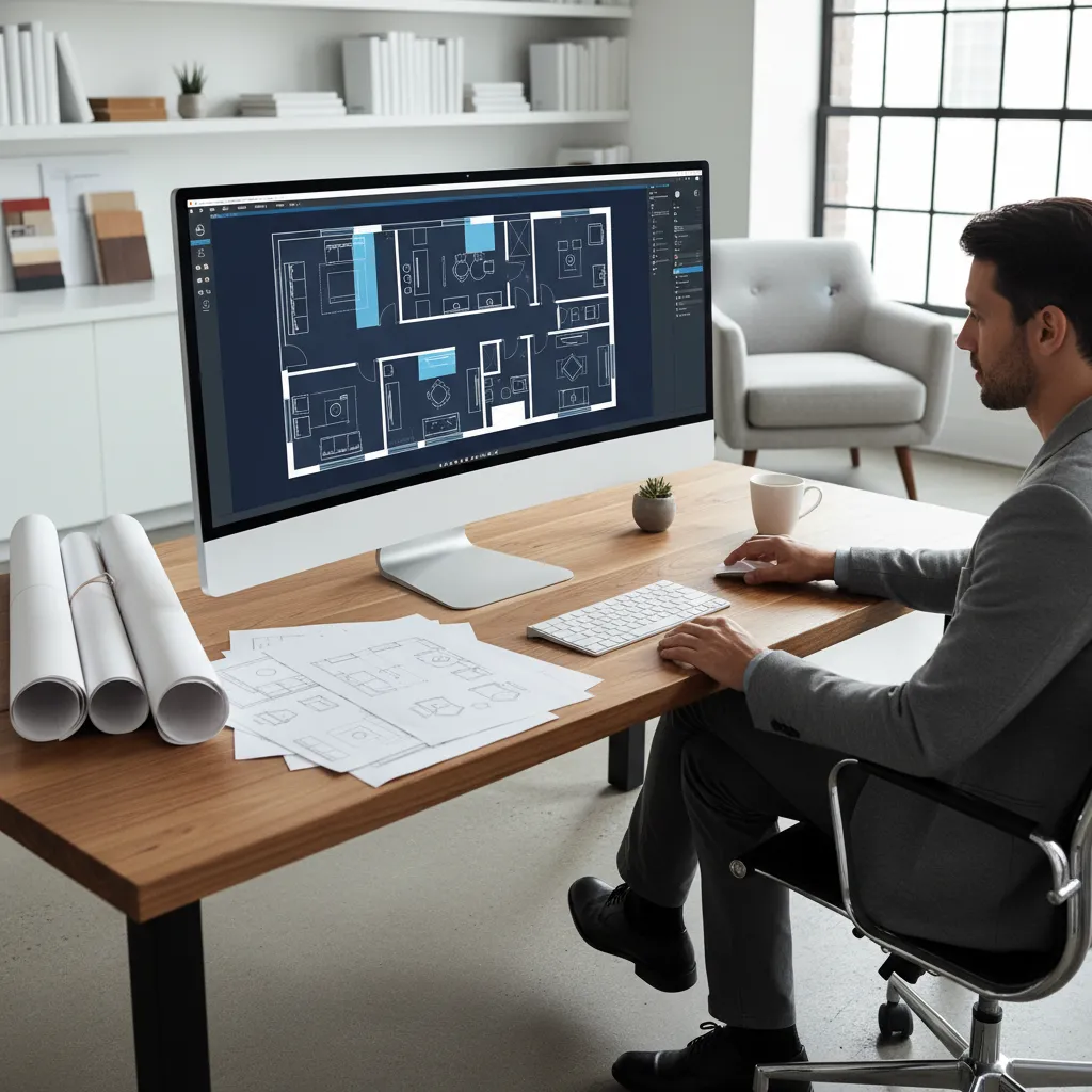 Interior designer creating a 2D floor plan on computer software