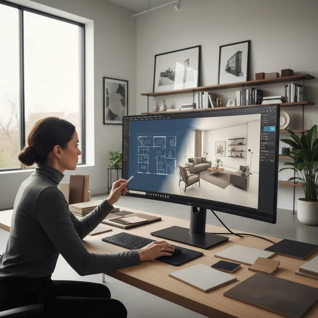 Interior designer creating a 3D living room layout on computer software