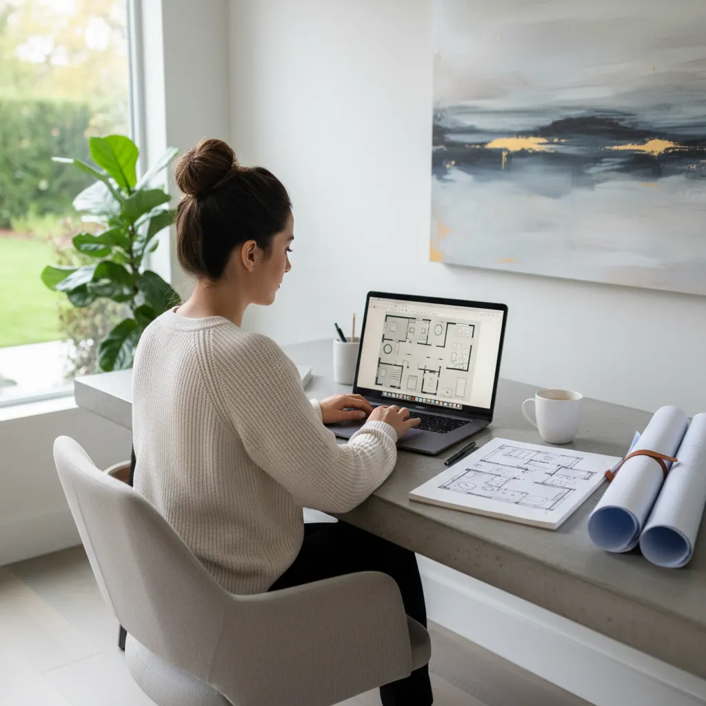 interior designer using laptop to create digital floor plan layout