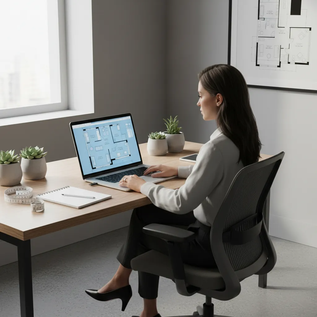 designer creating a digital floor plan on laptop with room layout visible