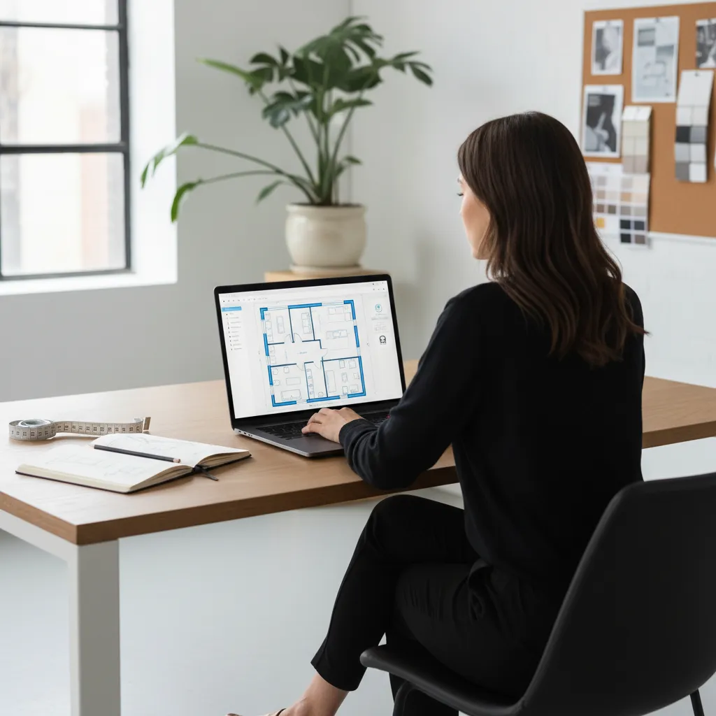 Interior designer creating a floor plan on a laptop with sketch layout visible