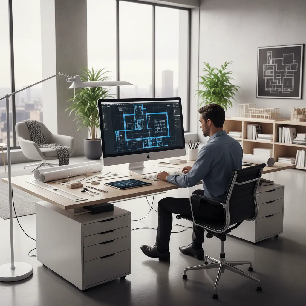 Interior designer creating a digital floor plan on a computer with architectural grid layout