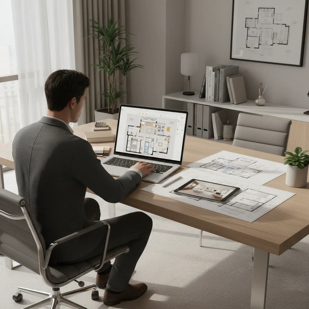 Interior designer creating a digital home floor plan on a laptop