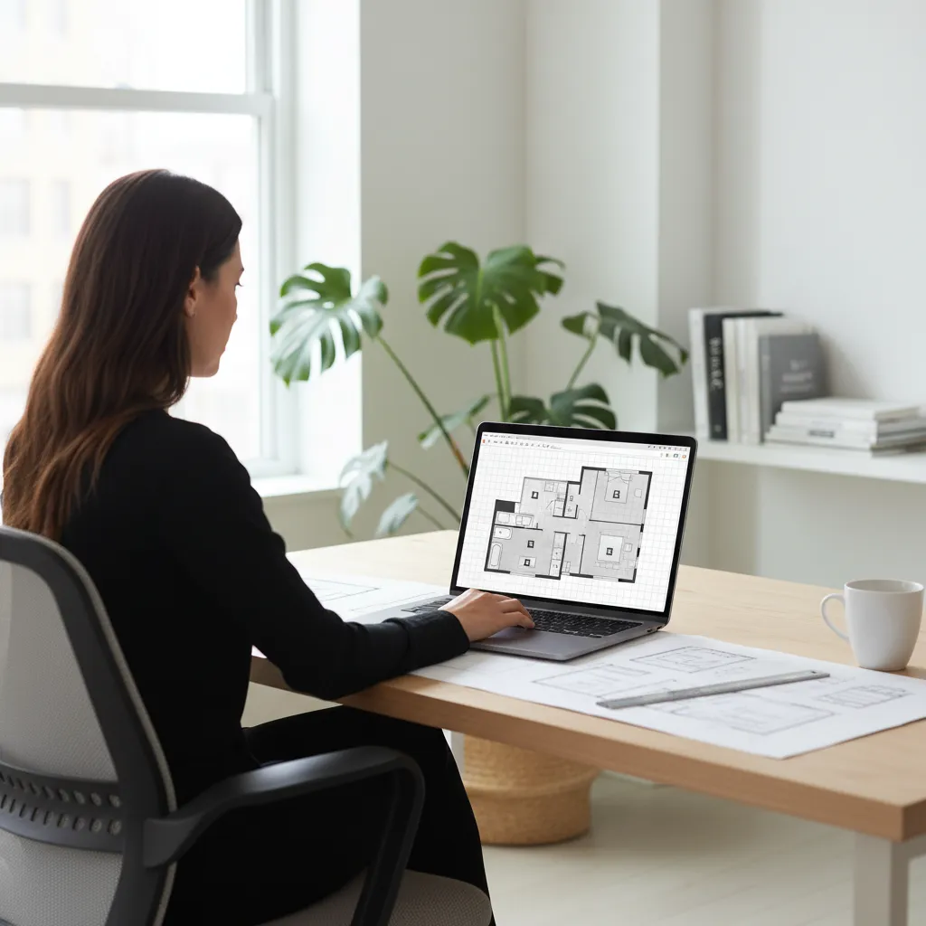 Interior designer creating apartment layout using floor planner software on laptop