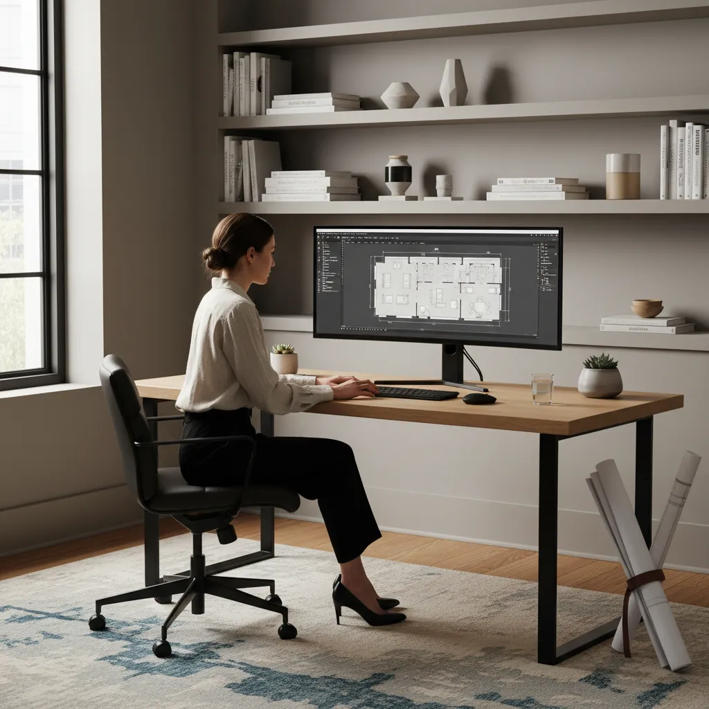 interior designer working on detailed house floor plan using offline software