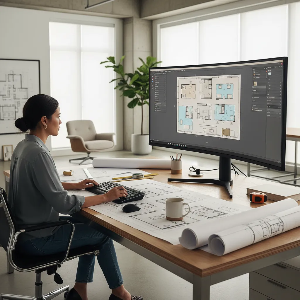 Interior designer creating a home floor plan on a large screen in a modern studio