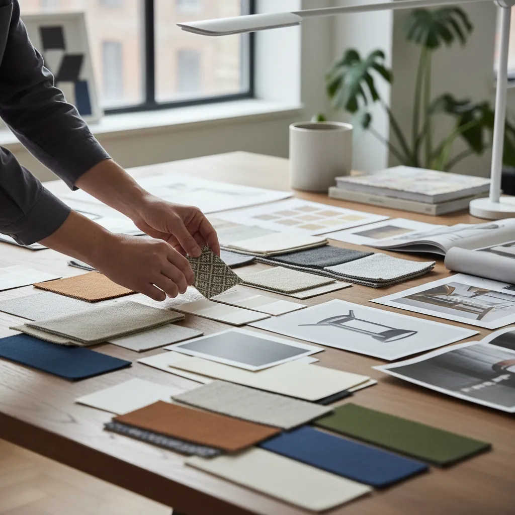 Designer hands selecting fabric samples from a wooden table filled with interior design project materials