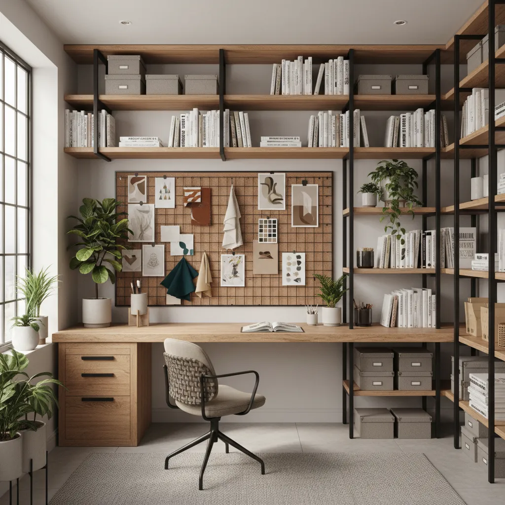creative designer home office with inspiration board large desk and natural light