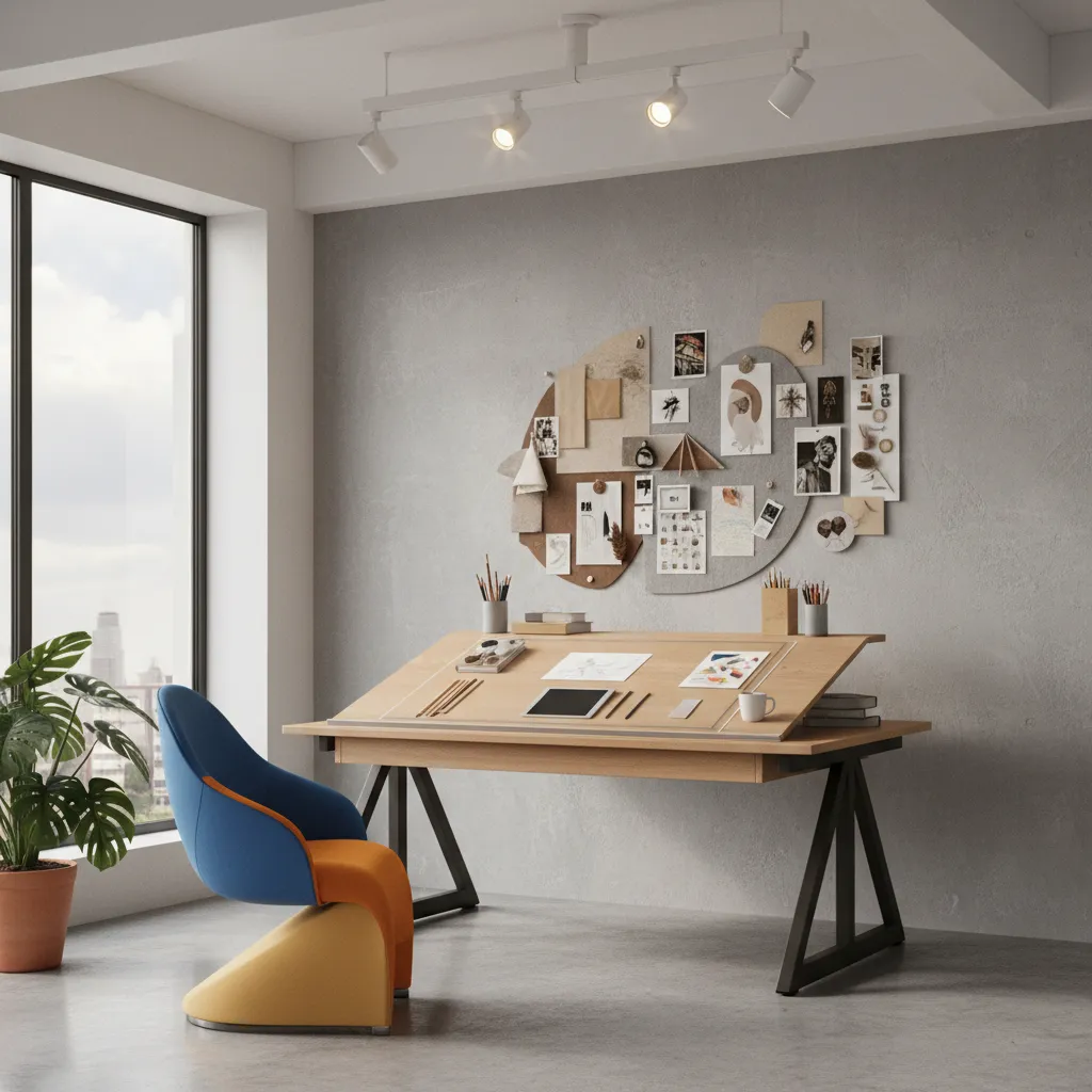 Colorful creative studio workspace with a designer task chair and drafting desk