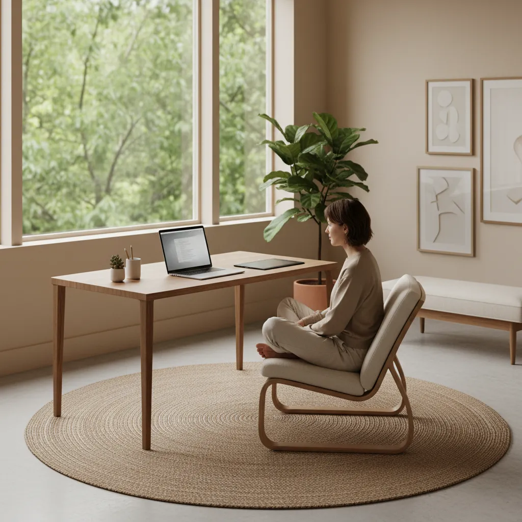 Remote designer sitting cross-legged on a wide office chair at a desk