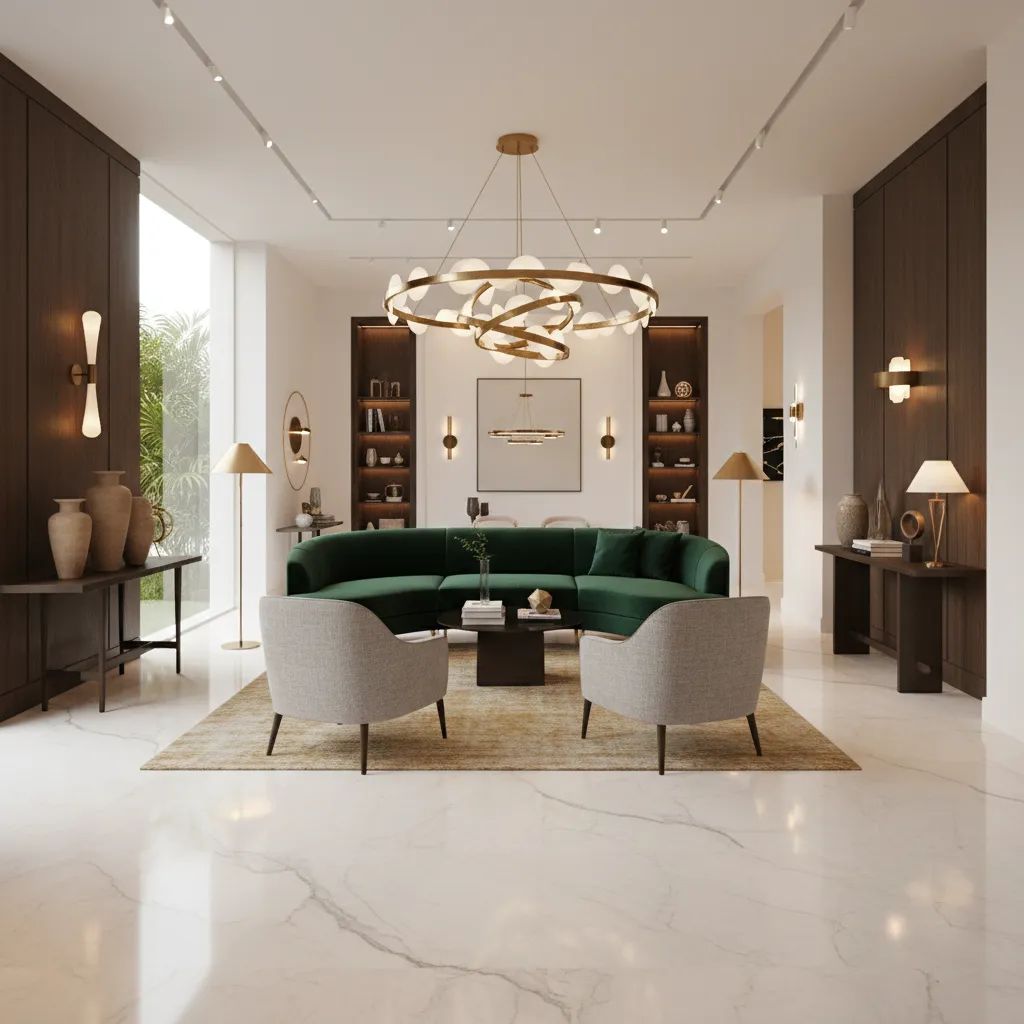 Interior design showroom displaying premium sofas, lighting, and decor pieces in India