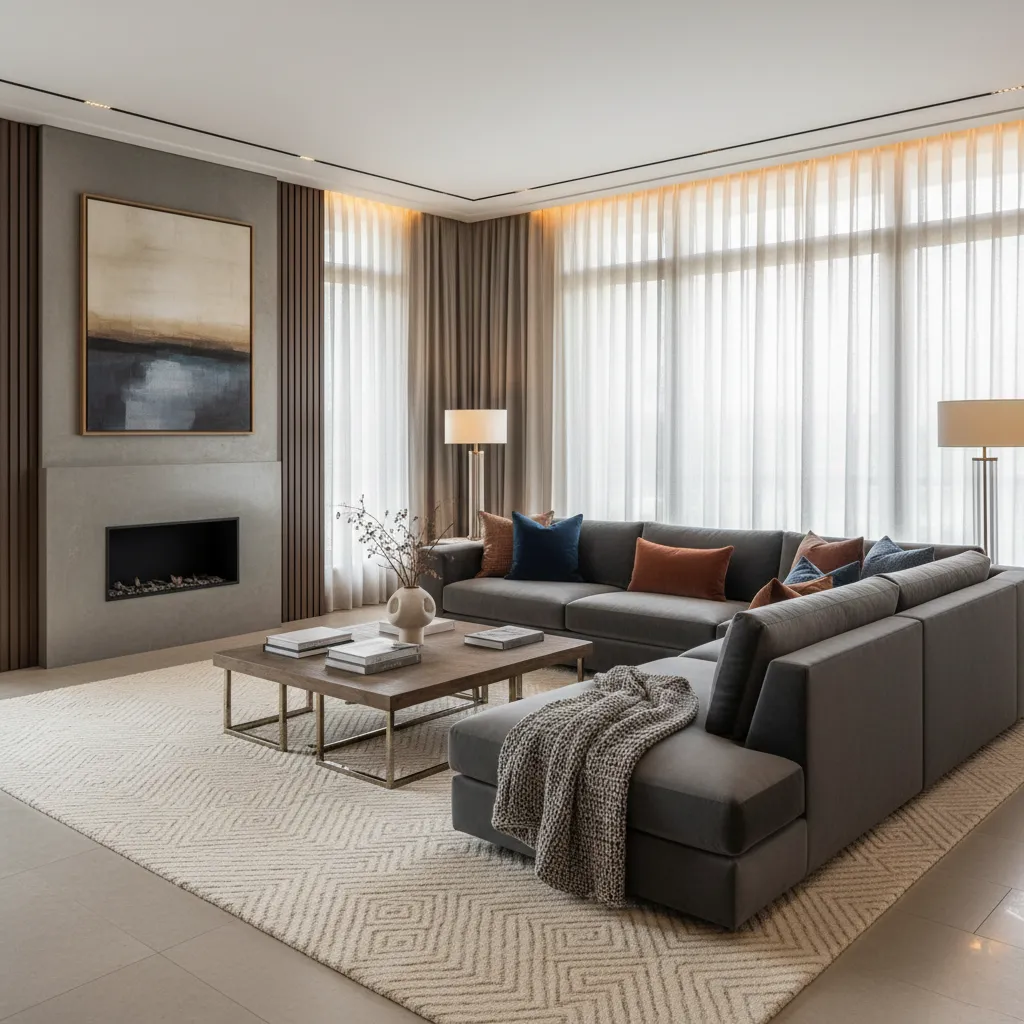 Professional designer living room with angled sectional facing fireplace