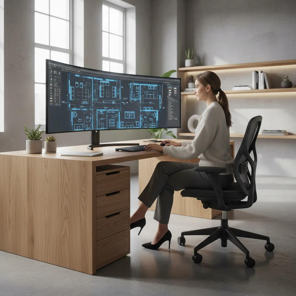 Interior designer reviewing digital floor plan layout on computer