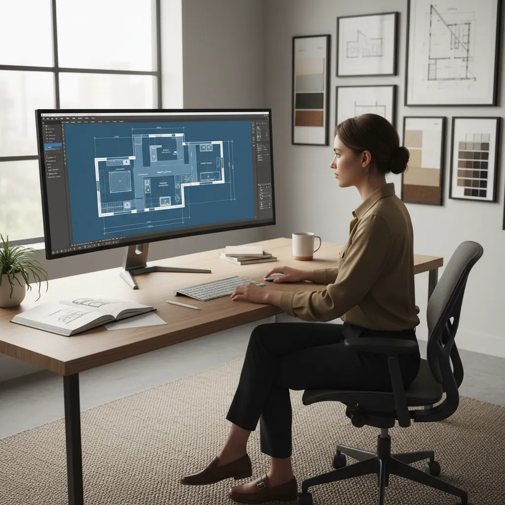 interior designer creating a digital home floor plan on computer software