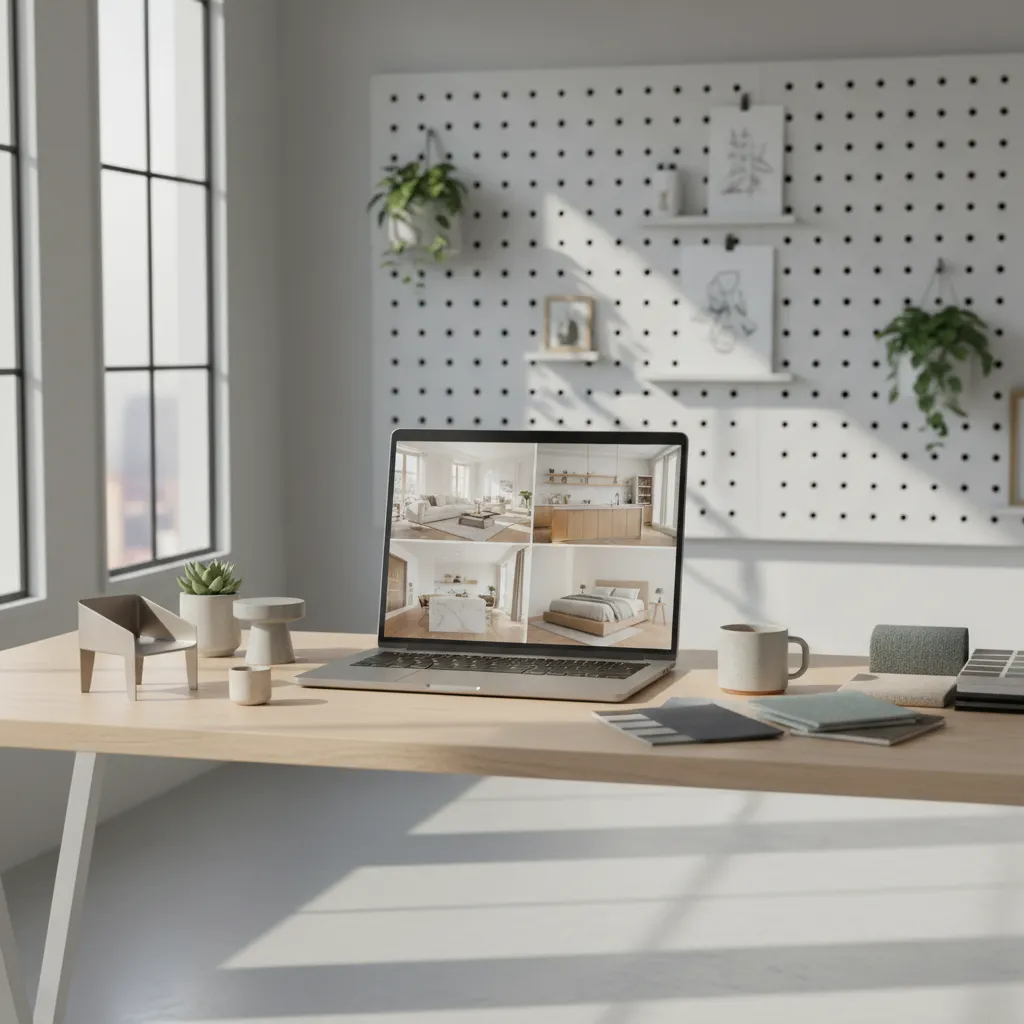 Interior designer assembling a digital mood board with high resolution inspiration images