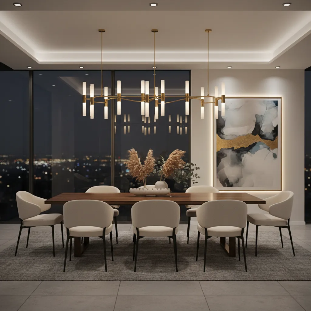 Lámpara colgante de diseño sobre mesa de comedor moderna