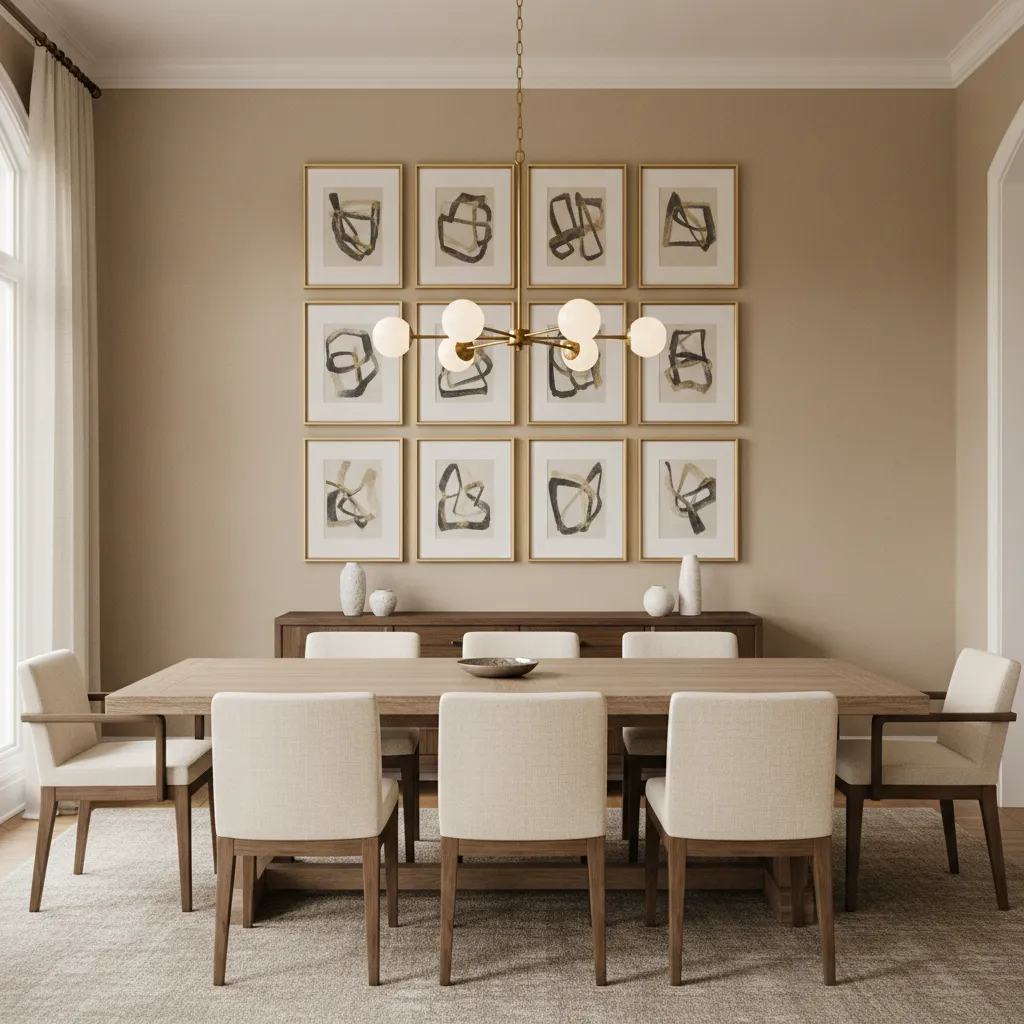 Structured dining room gallery wall layout with evenly spaced frames