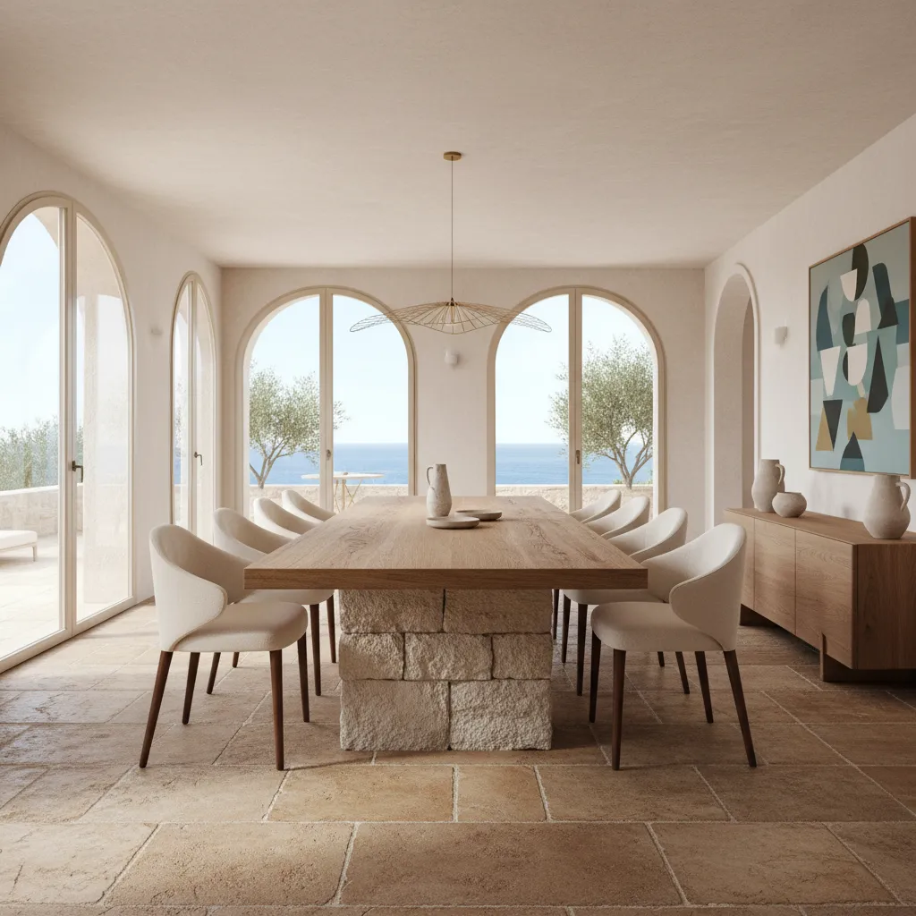 Comedor moderno con mesa de diseño bien proporcionada al espacio