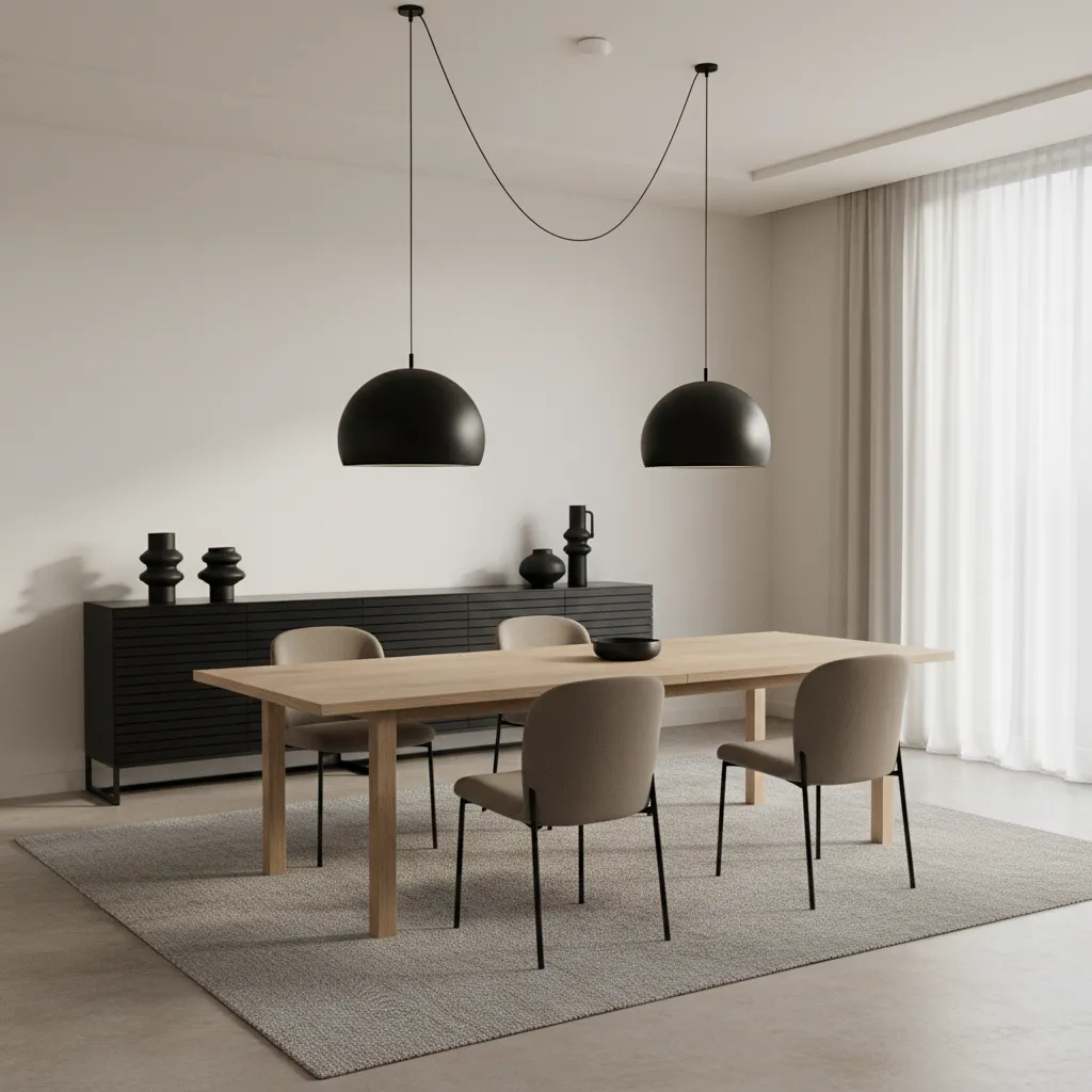 Dining room layout with two swag lamps evenly spaced above a long table