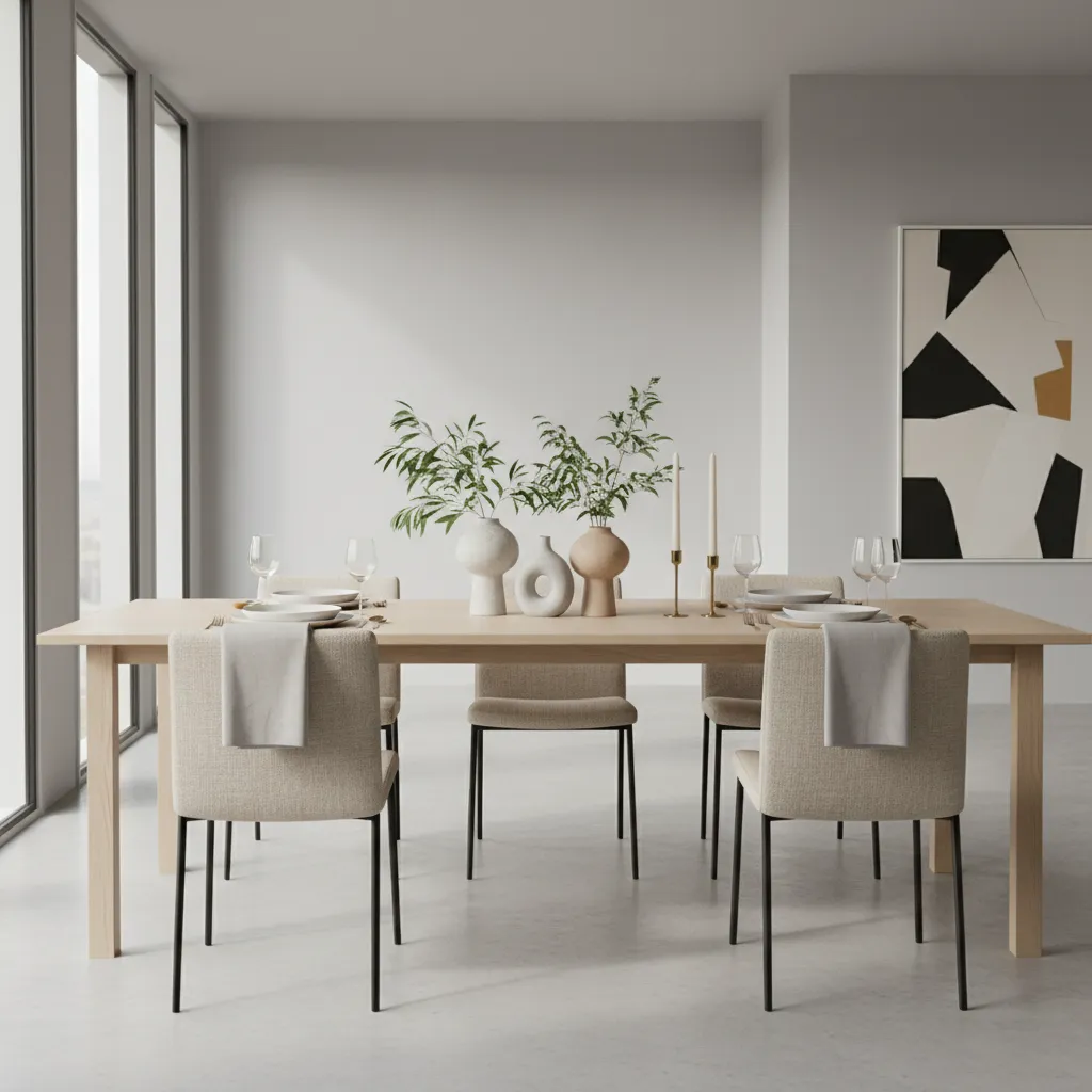 Interior designer styled dining table centerpiece with vase and candles