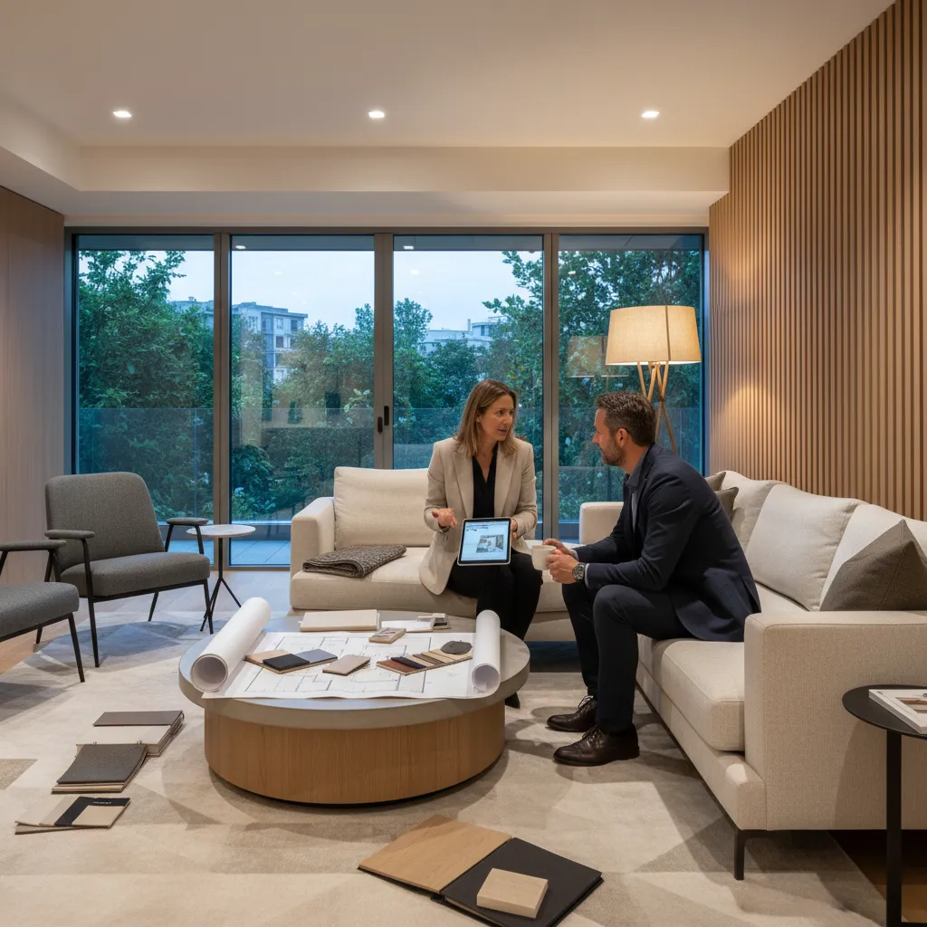 Interior designer discussing residential design concept with client in living room setting