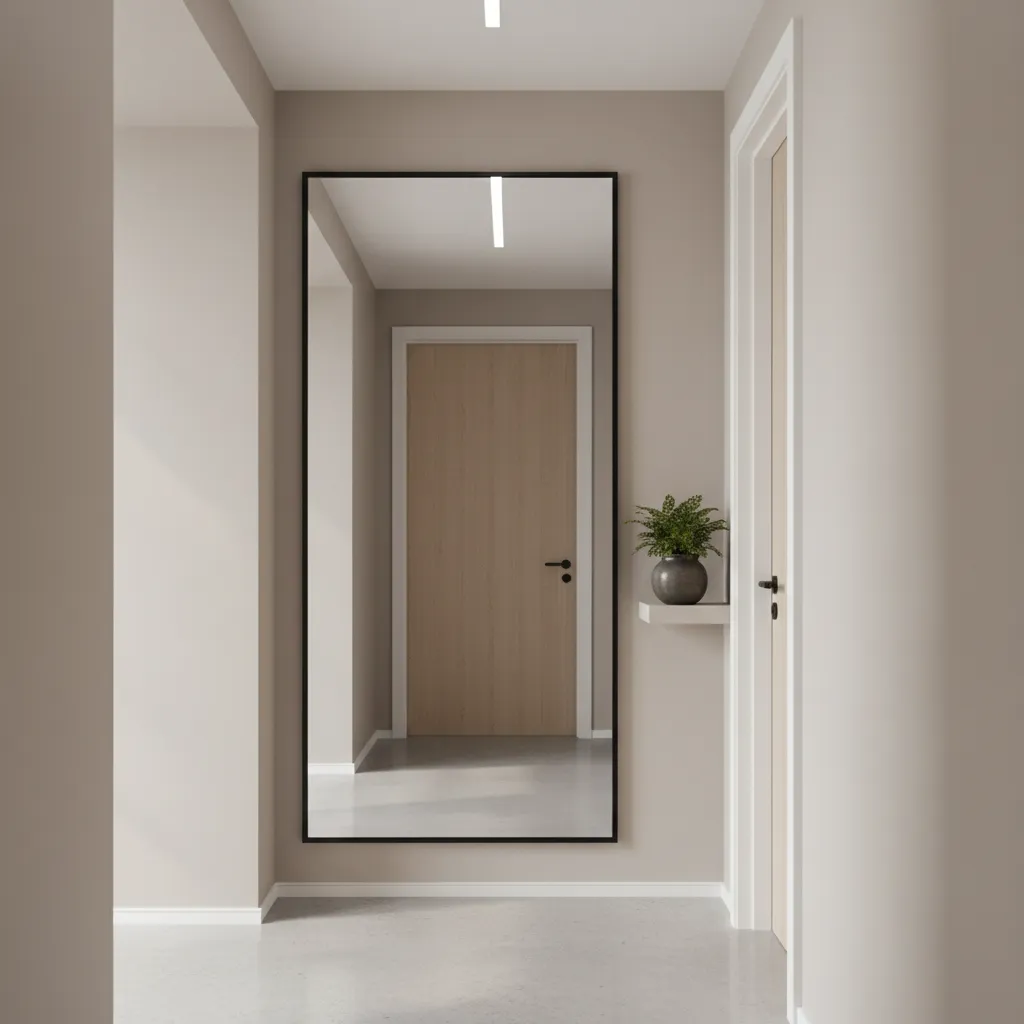 interior designer styled door mirror with slim black frame aligned with door trim
