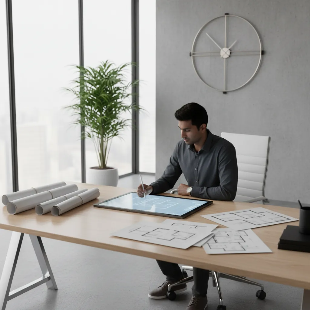Interior designer sketching a digital floor plan on a tablet