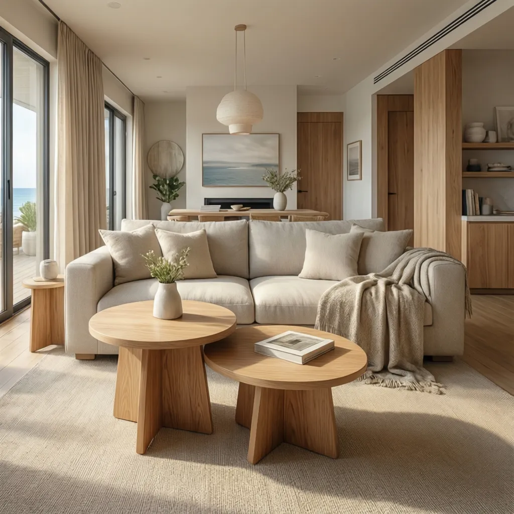 Bright living room with two wooden coffee tables beige sofa ceiling light and ocean view