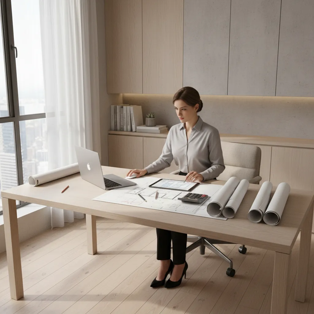 Interior designer calculating design project cost with laptop and architectural sketches