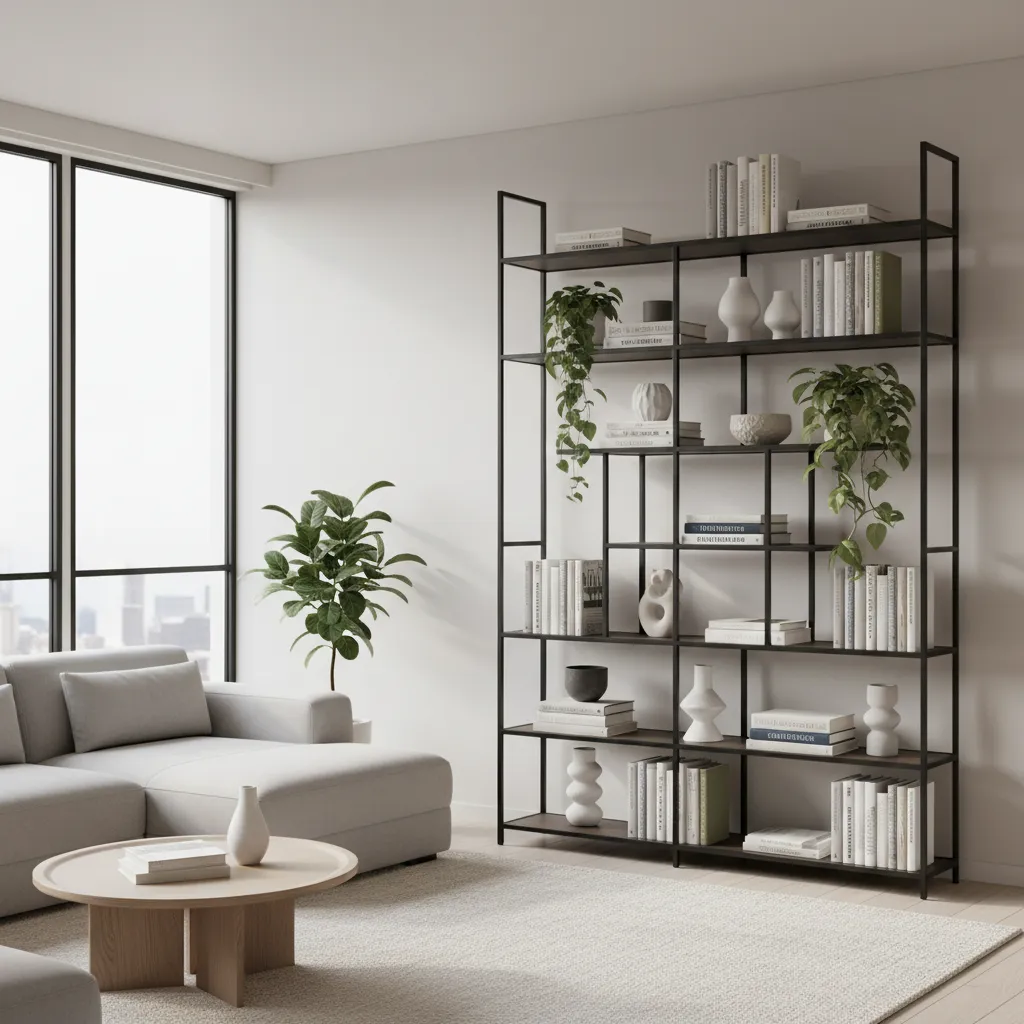 Designer styled etagere with books, plants and ceramics in a modern living room