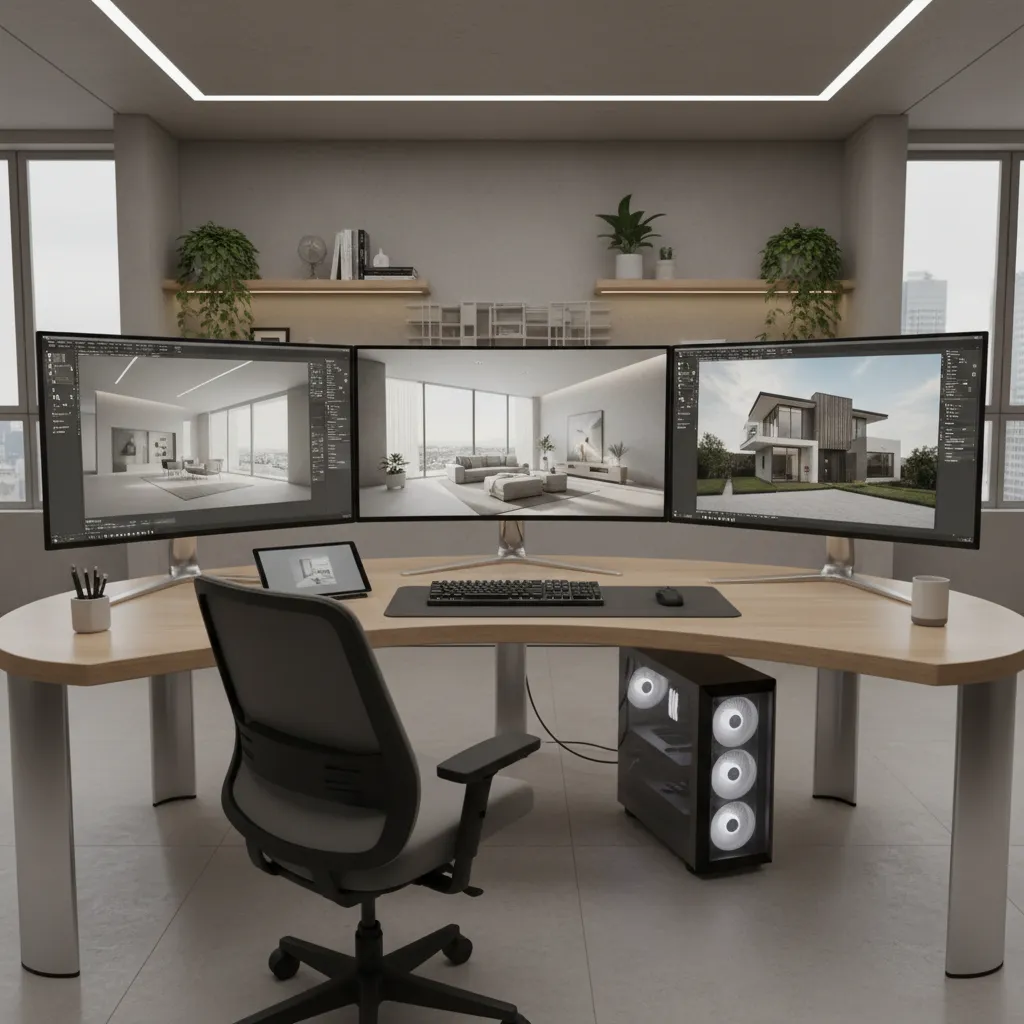 designer comparing different 3D modeling software results on multiple screens