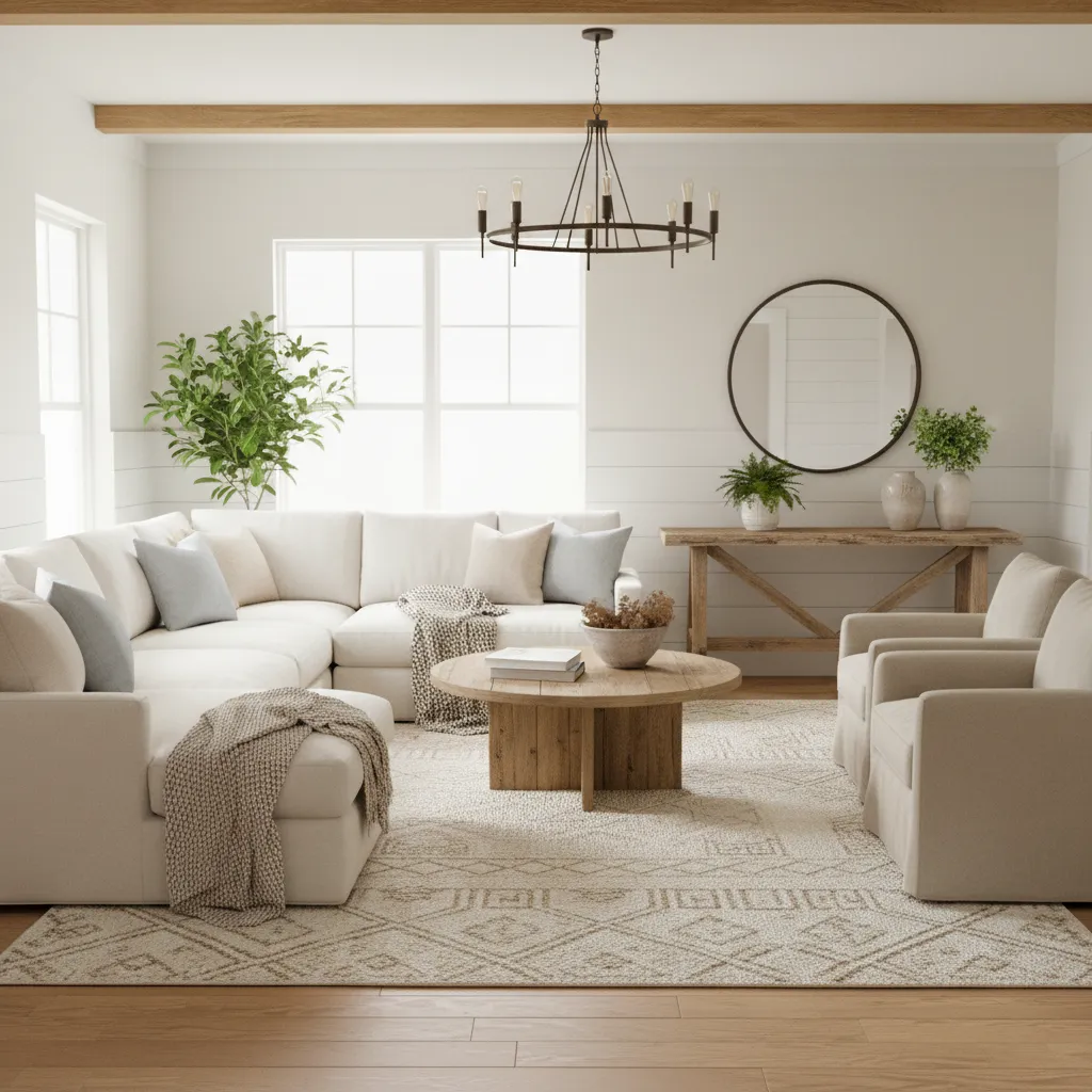 Farmhouse living room with layered textures and classic wood furniture